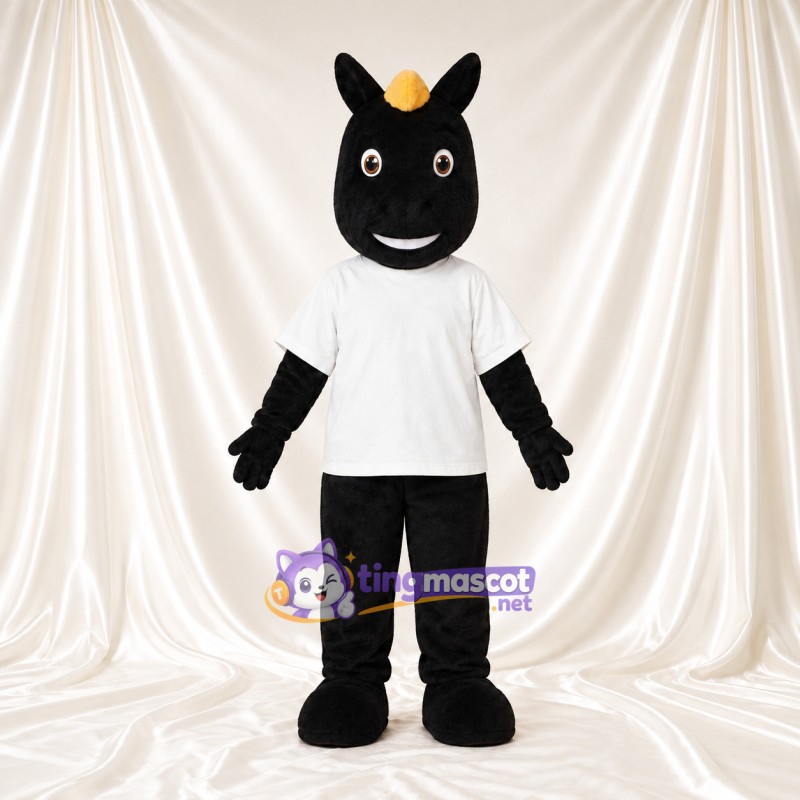 Costume de mascotte Cheval – noir – Chemise (blanc); Crinière (jaune) Costume de mascotte Cheval – noir – Chemise (blanc); Crinière (jaune)