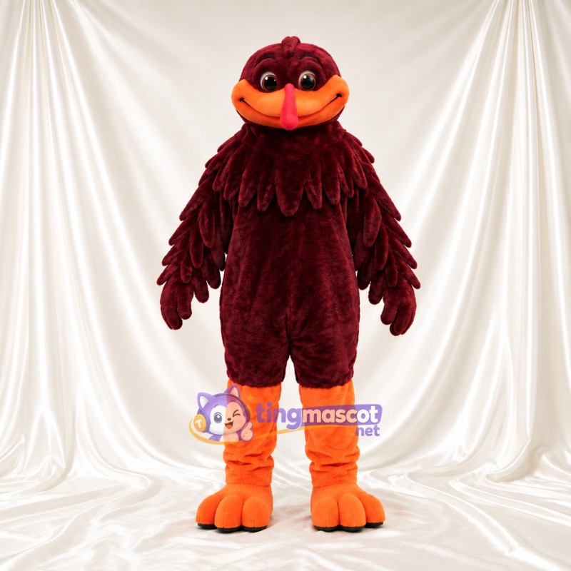 Costume de mascotte Oiseau – bordeaux – Bec (orange); Pieds Costume de mascotte Oiseau – bordeaux – Bec (orange); Pieds