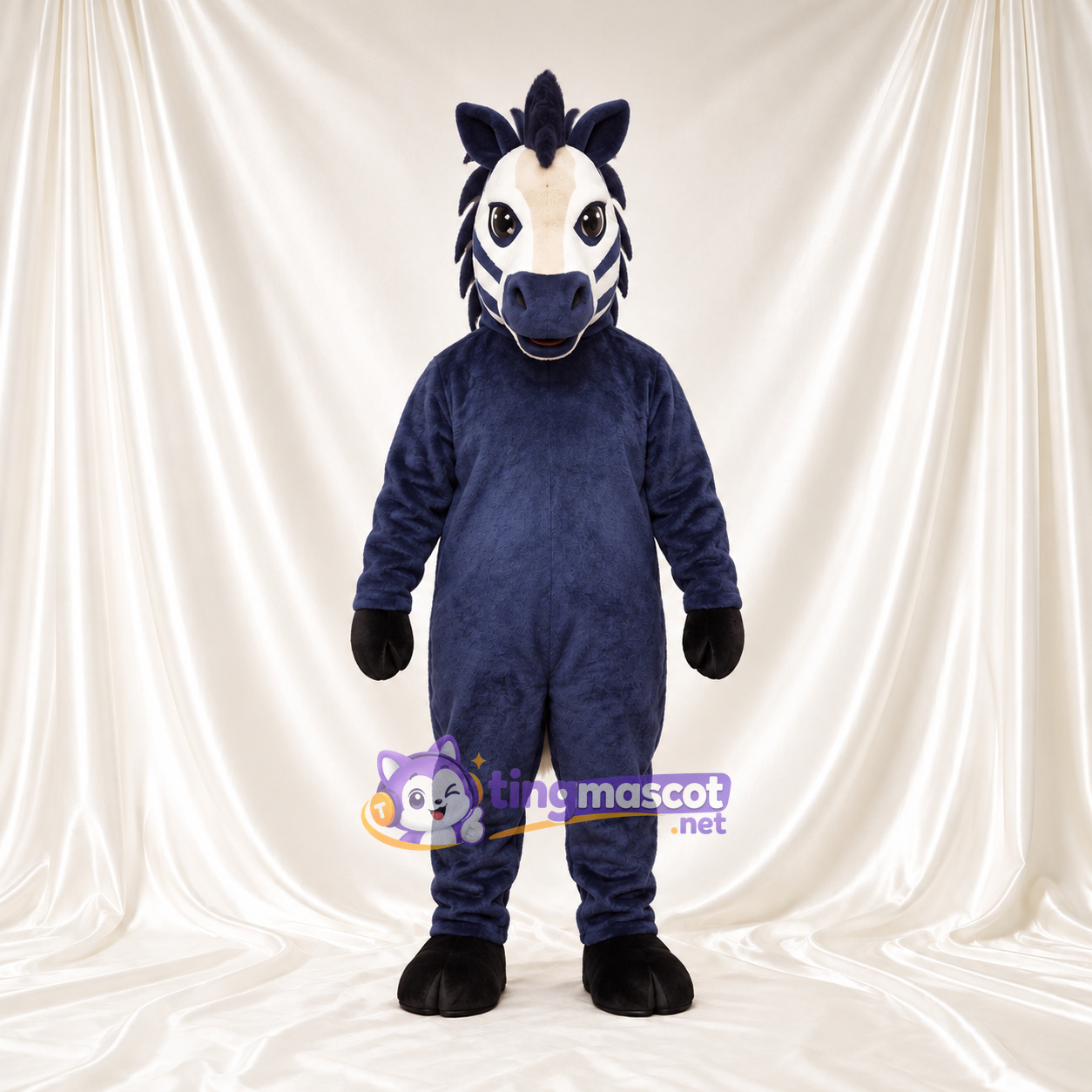 Costume de mascotte Cheval – bleu marine – Queue (blanc); Visage Costume de mascotte Cheval – bleu marine – Queue (blanc); Visage