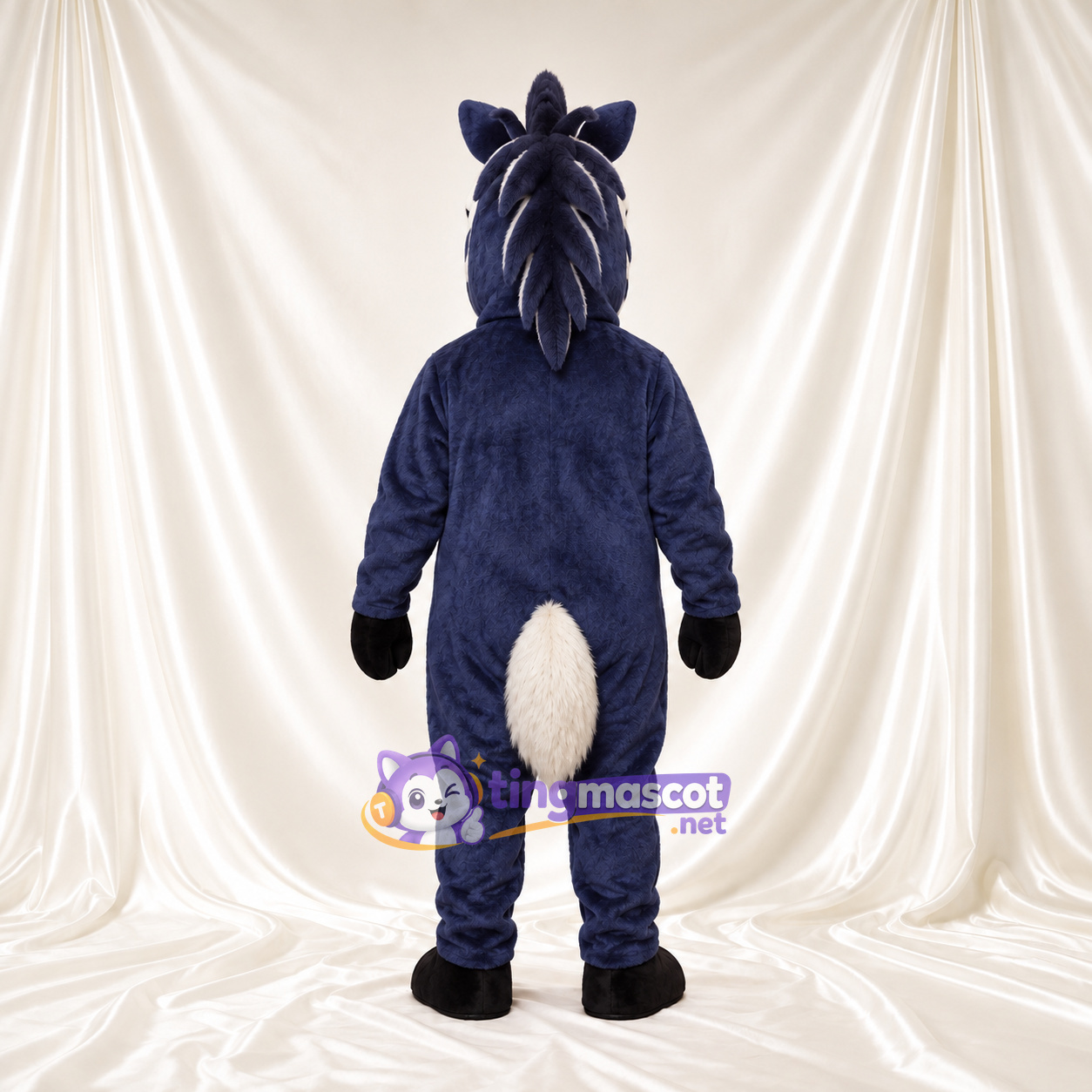 Costume de mascotte Cheval – bleu marine – Queue (blanc); Visage Costume de mascotte Cheval – bleu marine – Queue (blanc); Visage