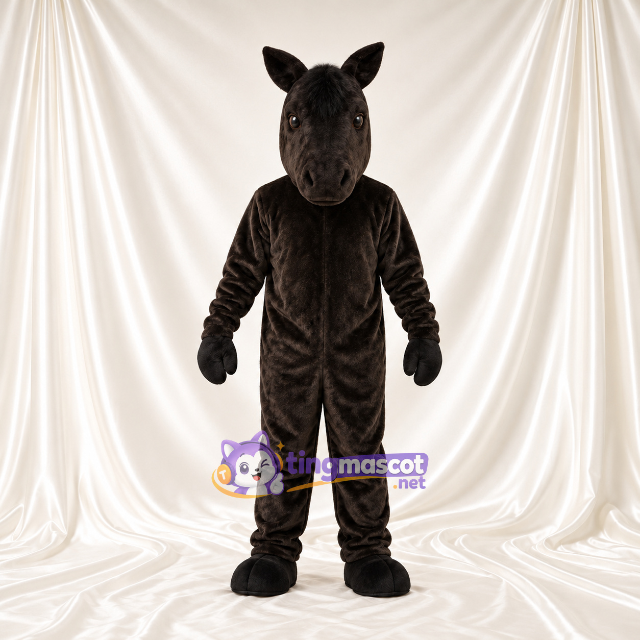 Costume de mascotte Cheval – marron foncé – Crinière (noir); Longue queue