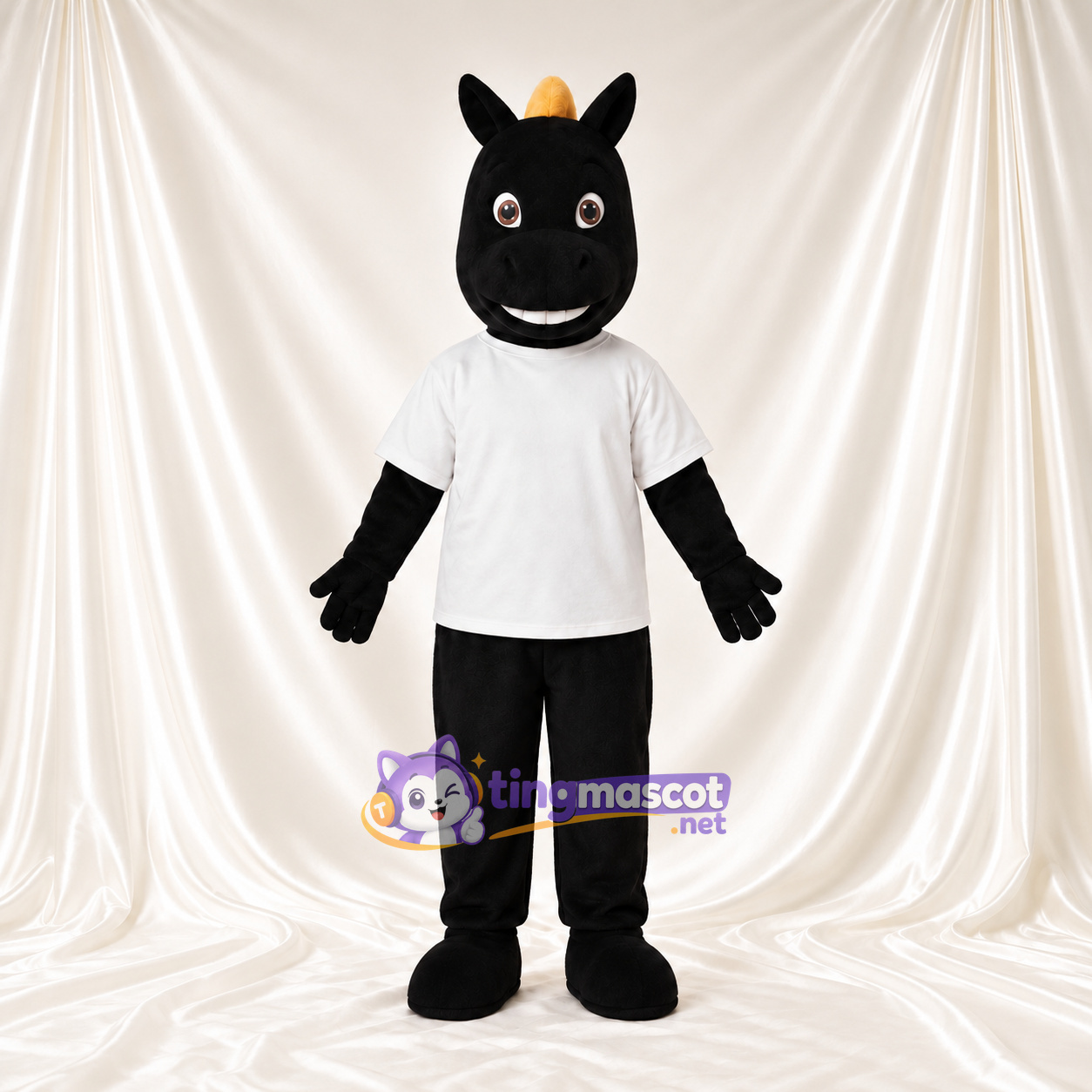 Costume de mascotte Cheval – noir – Chemise (blanc); Crinière (jaune) Costume de mascotte Cheval – noir – Chemise (blanc); Crinière (jaune)