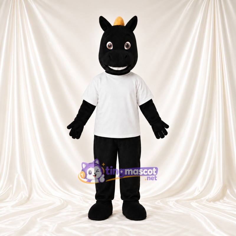 Costume de mascotte Cheval – noir – Chemise (blanc); Crinière (jaune) Costume de mascotte Cheval – noir – Chemise (blanc); Crinière (jaune)