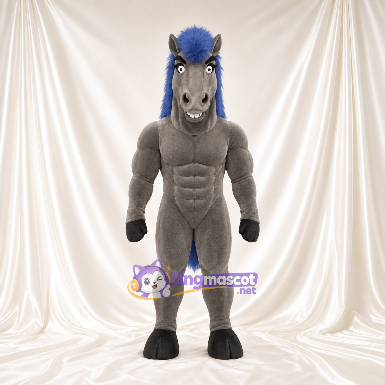 Costume de mascotte Cheval – gris – Crinière (bleu); Corps sculpté Costume de mascotte Cheval – gris – Crinière (bleu); Corps sculpté