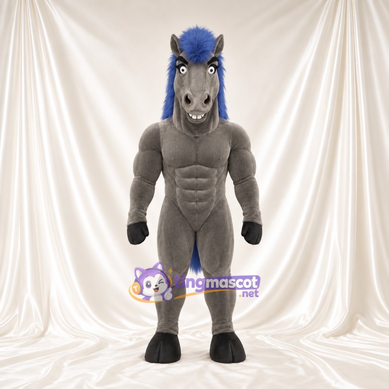 Costume de mascotte Cheval – gris – Crinière (bleu); Corps sculpté Costume de mascotte Cheval – gris – Crinière (bleu); Corps sculpté