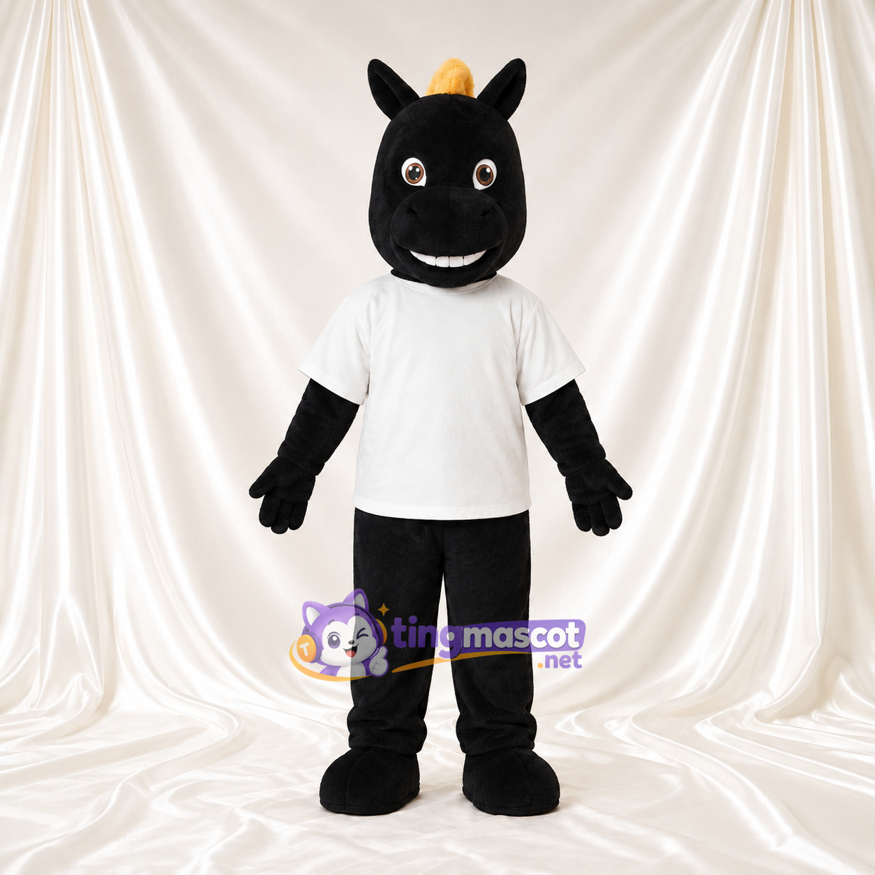 Costume de mascotte Cheval – noir – Chemise (blanc); Crinière (jaune) Costume de mascotte Cheval – noir – Chemise (blanc); Crinière (jaune)