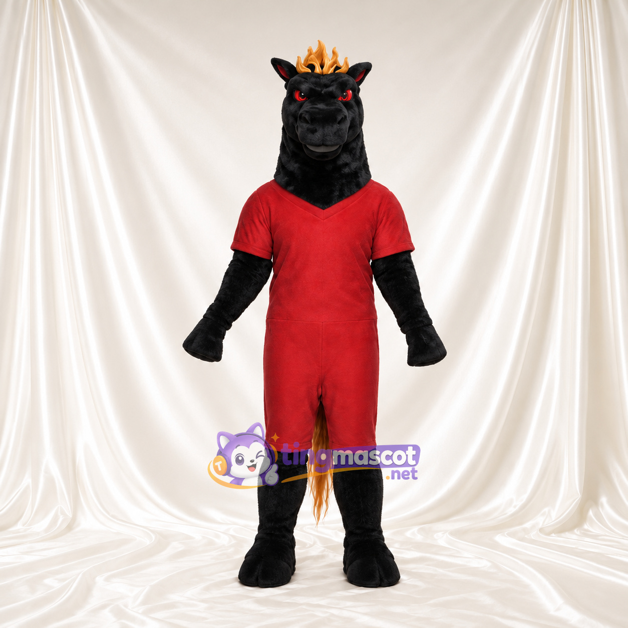 Black and Red Horse Mascot Costume - Red Shirt and Shorts Black and Red Horse Mascot Costume - Red Shirt and Shorts