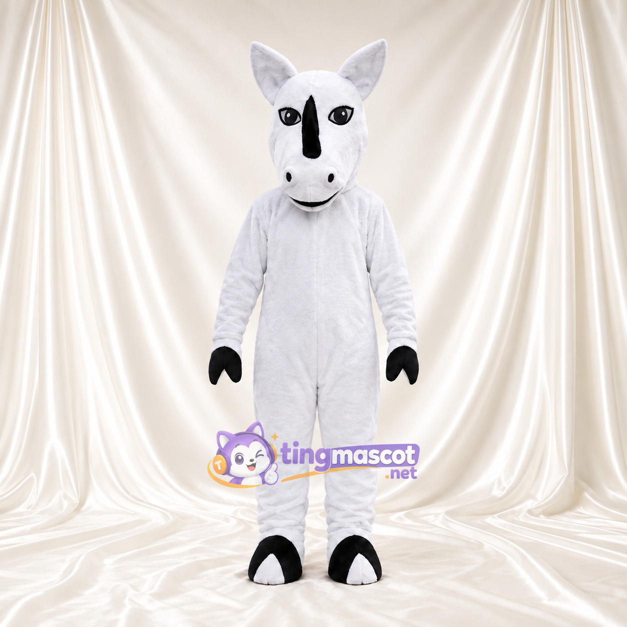 Costume de mascotte Rhinocéros – blanc – Corne (noir); Gants (noir) Costume de mascotte Rhinocéros – blanc – Corne (noir); Gants (noir)