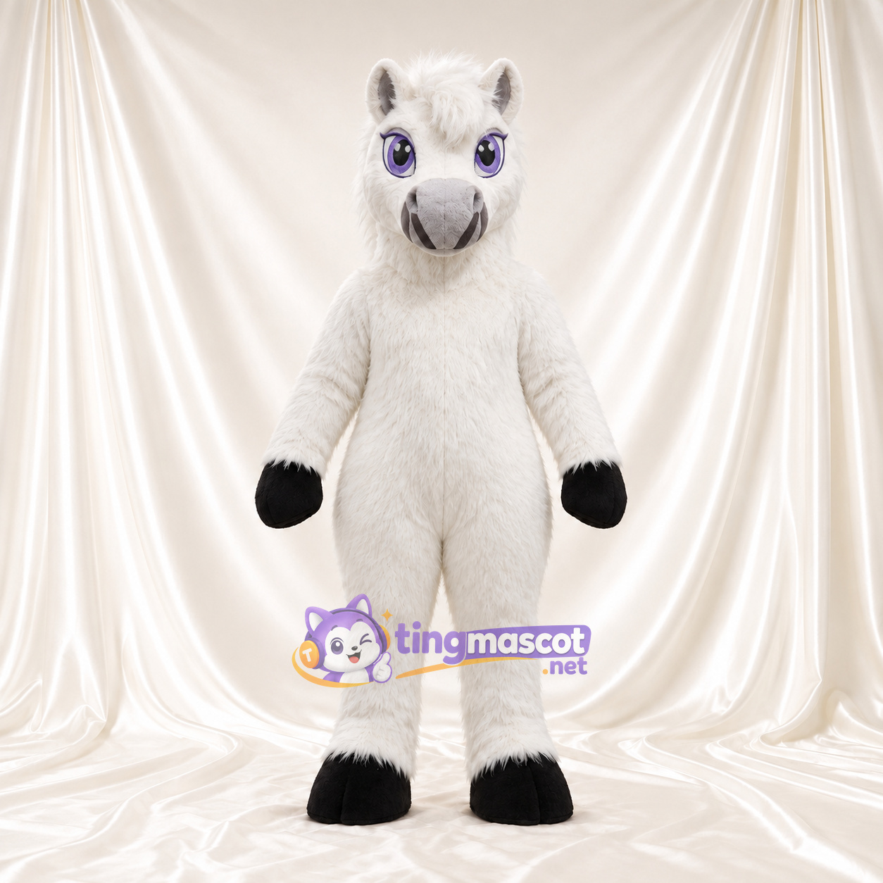 Costume de mascotte Cheval – blanc – Sabots (noir); Yeux (bleu) Costume de mascotte Cheval – blanc – Sabots (noir); Yeux (bleu)