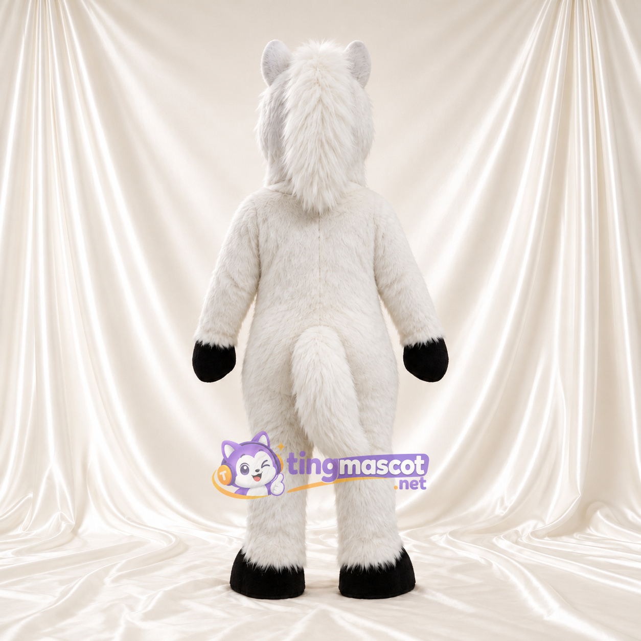 Costume de mascotte Cheval – blanc – Sabots (noir); Yeux (bleu) Costume de mascotte Cheval – blanc – Sabots (noir); Yeux (bleu)
