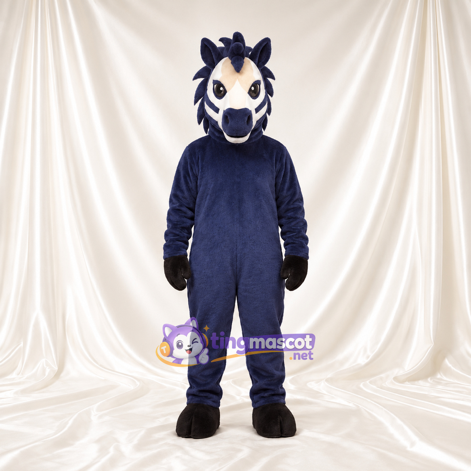 Costume de mascotte Cheval – bleu marine – Queue (blanc); Visage Costume de mascotte Cheval – bleu marine – Queue (blanc); Visage