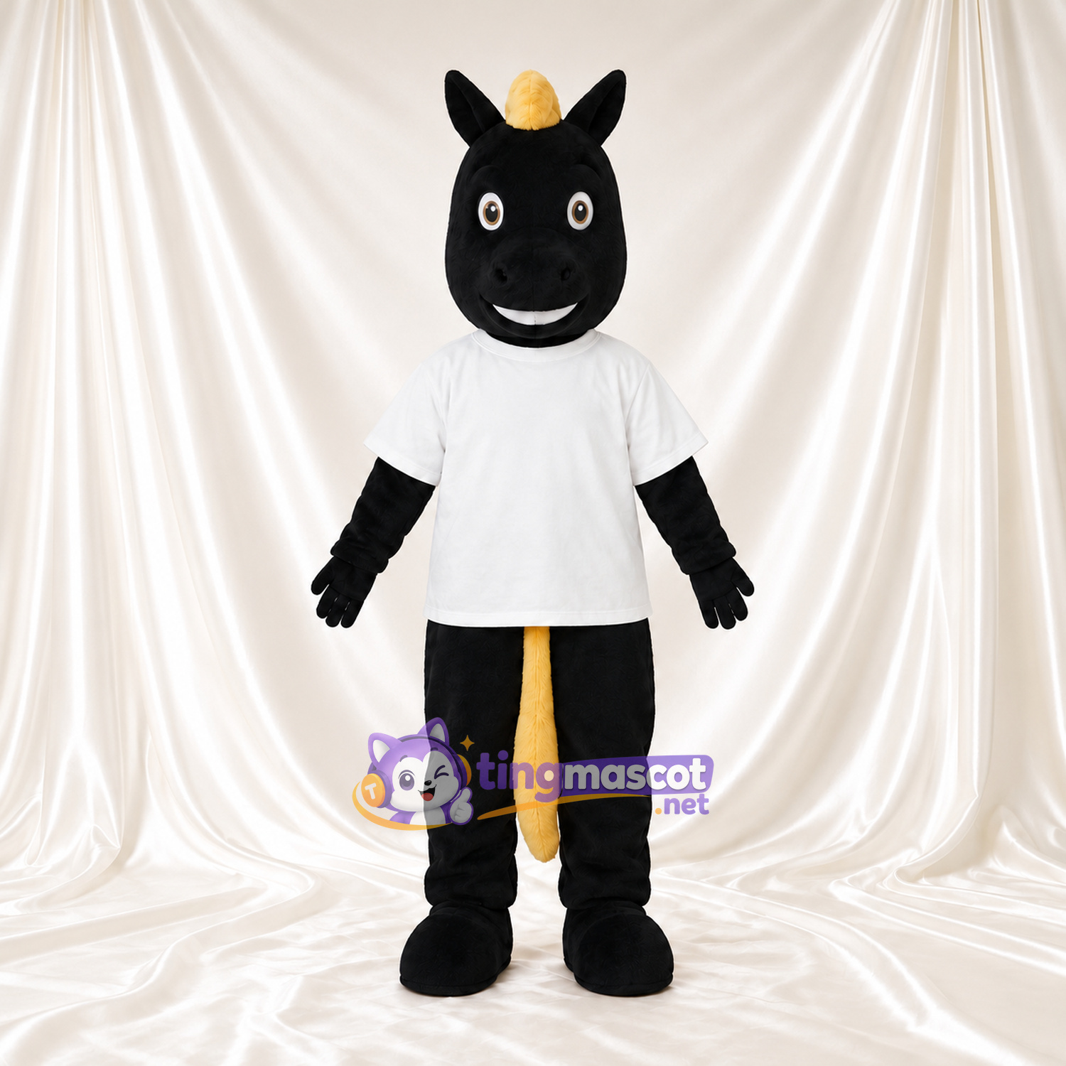 Costume de mascotte Cheval – noir – Chemise (blanc); Crinière (jaune)
