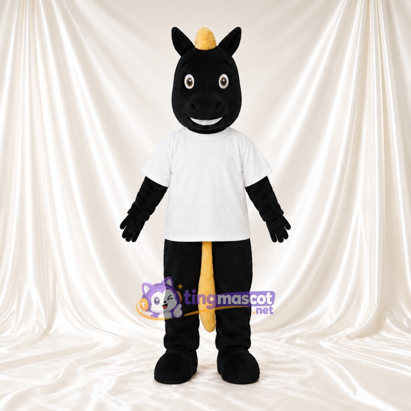 Costume de mascotte Cheval – noir – Chemise (blanc); Crinière (jaune) Costume de mascotte Cheval – noir – Chemise (blanc); Crinière (jaune)