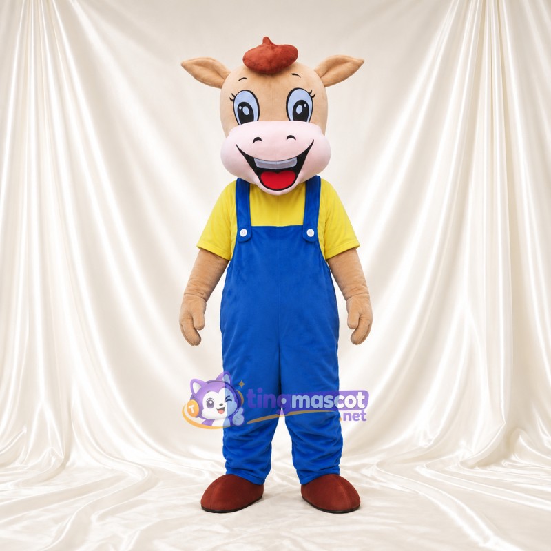 Costume de mascotte Vache – blanc – Chemise (jaune); Salopette (bleu) Costume de mascotte Vache – blanc – Chemise (jaune); Salopette (bleu)