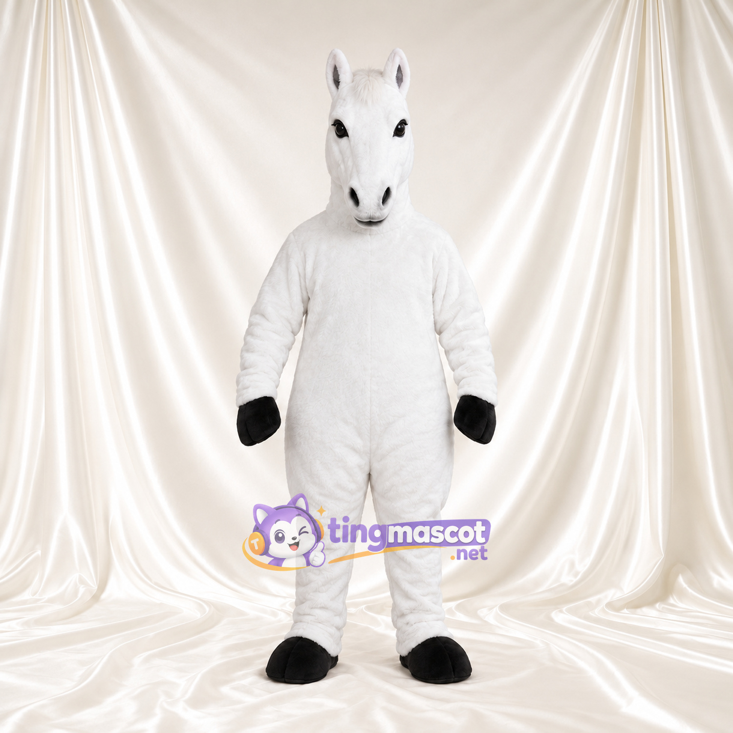 Costume de mascotte Cheval – blanc – Sabots (noir); Crinière (blanc) Costume de mascotte Cheval – blanc – Sabots (noir); Crinière (blanc)