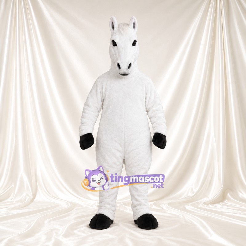 Costume de mascotte Cheval – blanc – Sabots (noir); Crinière (blanc) Costume de mascotte Cheval – blanc – Sabots (noir); Crinière (blanc)