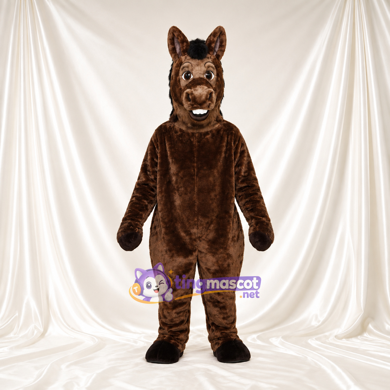 Costume de mascotte Âne – marron – Crinière (noir); Sourire avec dents Costume de mascotte Âne – marron – Crinière (noir); Sourire avec dents