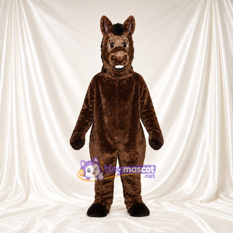 Costume de mascotte Âne – marron – Crinière (noir); Sourire avec dents Costume de mascotte Âne – marron – Crinière (noir); Sourire avec dents