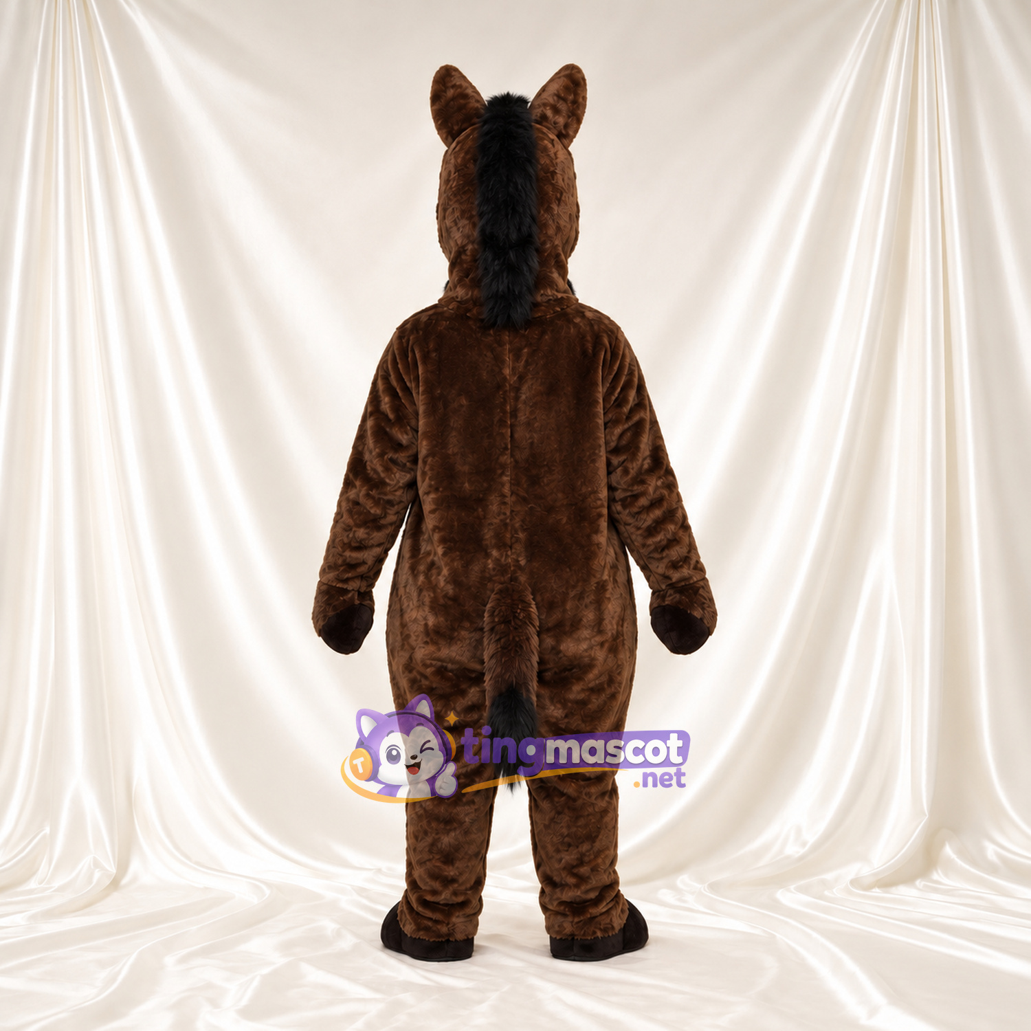 Costume de mascotte Âne – marron – Crinière (noir); Sourire avec dents Costume de mascotte Âne – marron – Crinière (noir); Sourire avec dents