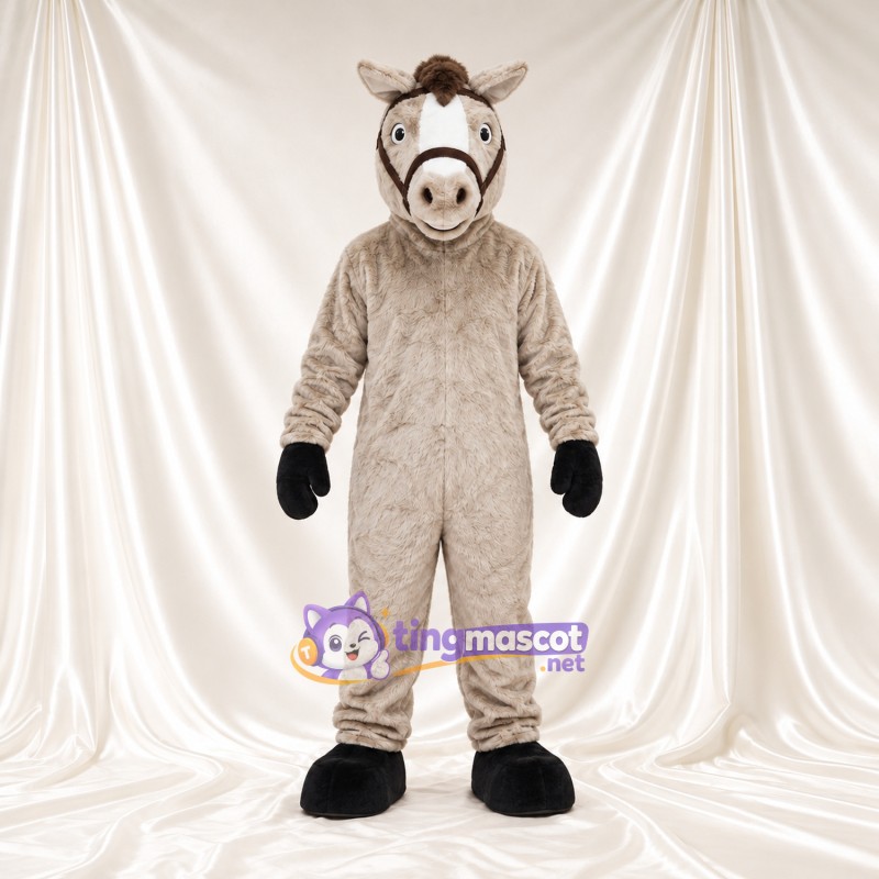 Beige Donkey Mascot Costume - Brown Bridle Beige Donkey Mascot Costume - Brown Bridle