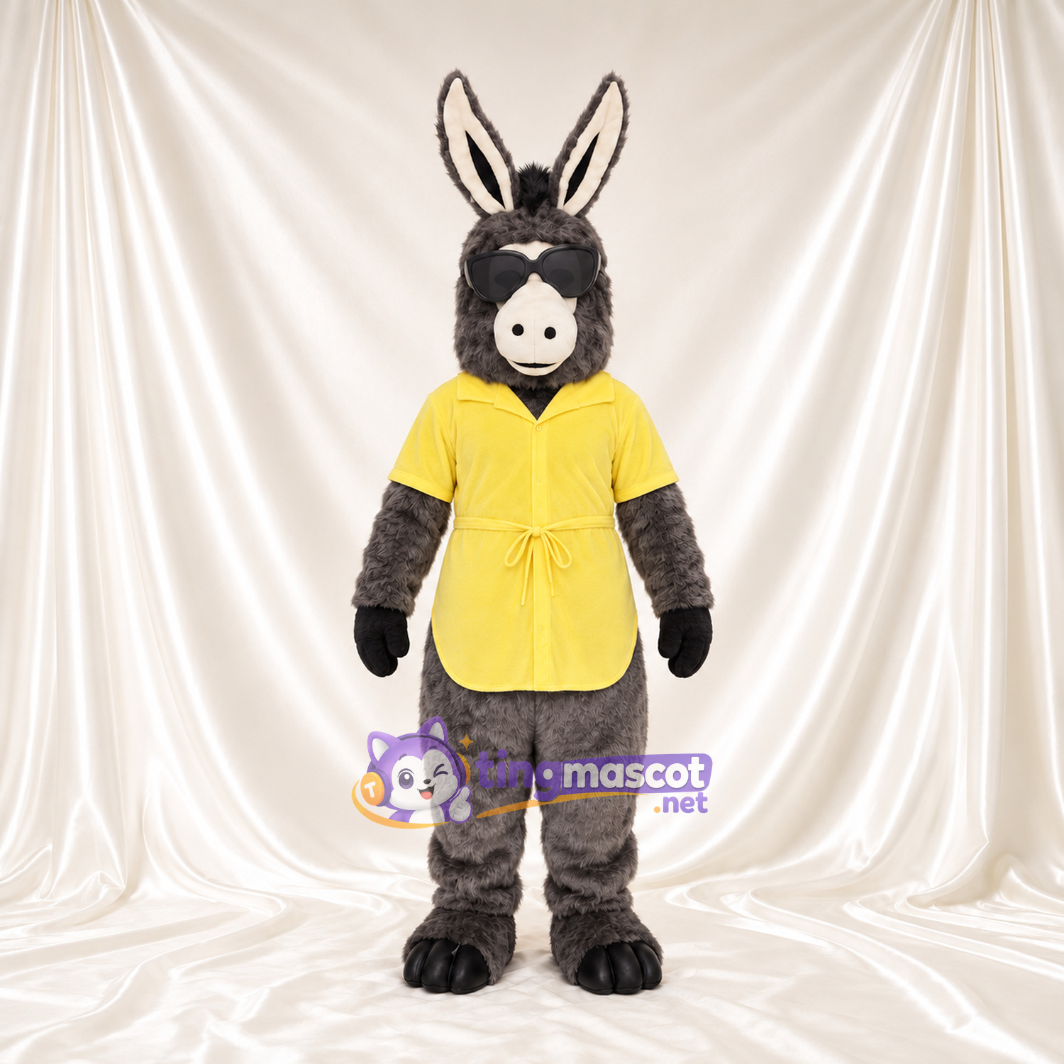 Costume de mascotte Âne – gris – Chemise (jaune); Lunettes de soleil Costume de mascotte Âne – gris – Chemise (jaune); Lunettes de soleil
