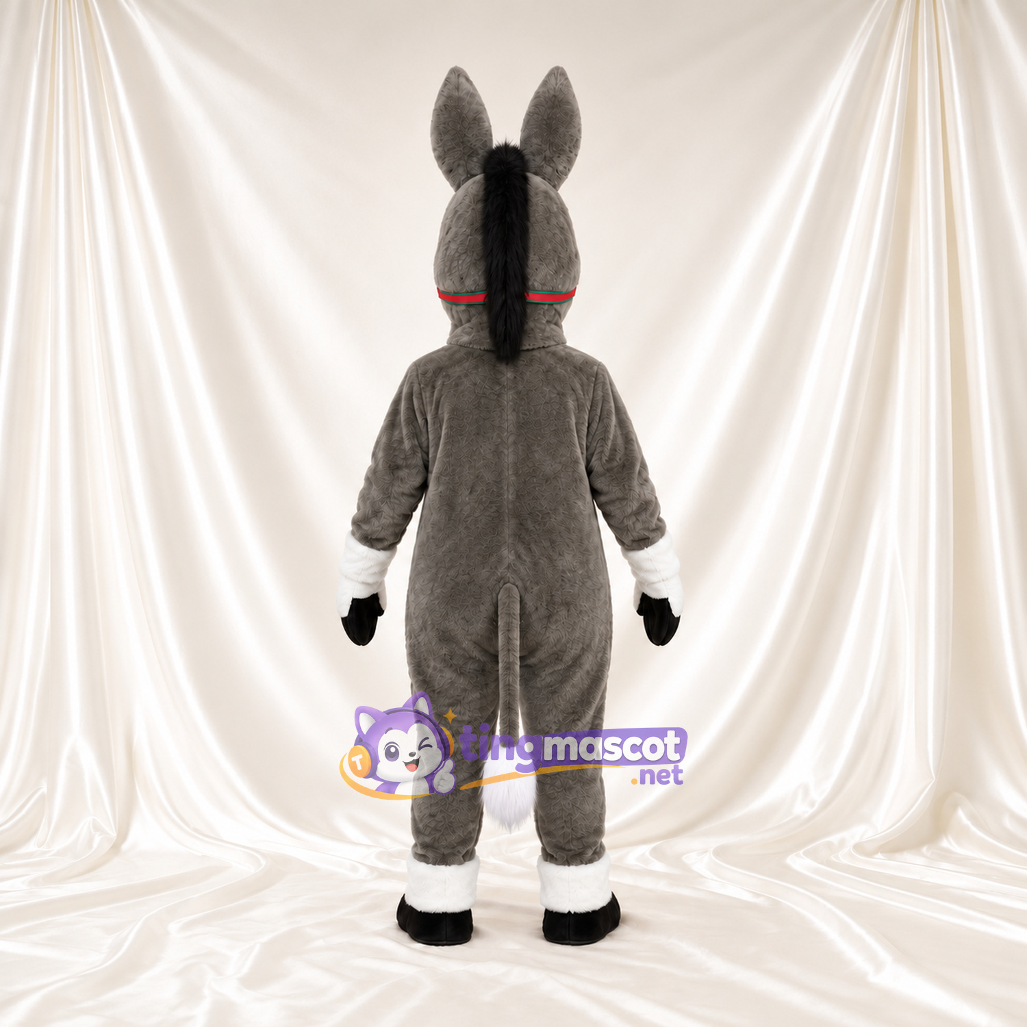 Costume de mascotte Âne – gris – Ventre (blanc); Bride (rouge) Costume de mascotte Âne – gris – Ventre (blanc); Bride (rouge)