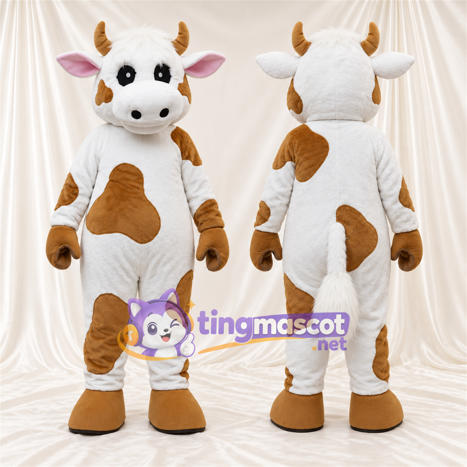Maskottchenkostüm Kuh – braun / weiß – Hufe (braun); Großes Fleckenmuster Maskottchenkostüm Kuh – braun / weiß – Hufe (braun); Großes Fleckenmuster