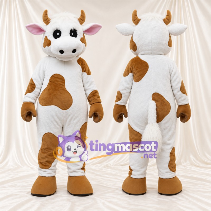 Maskottchenkostüm Kuh – braun / weiß – Hufe (braun); Großes Fleckenmuster