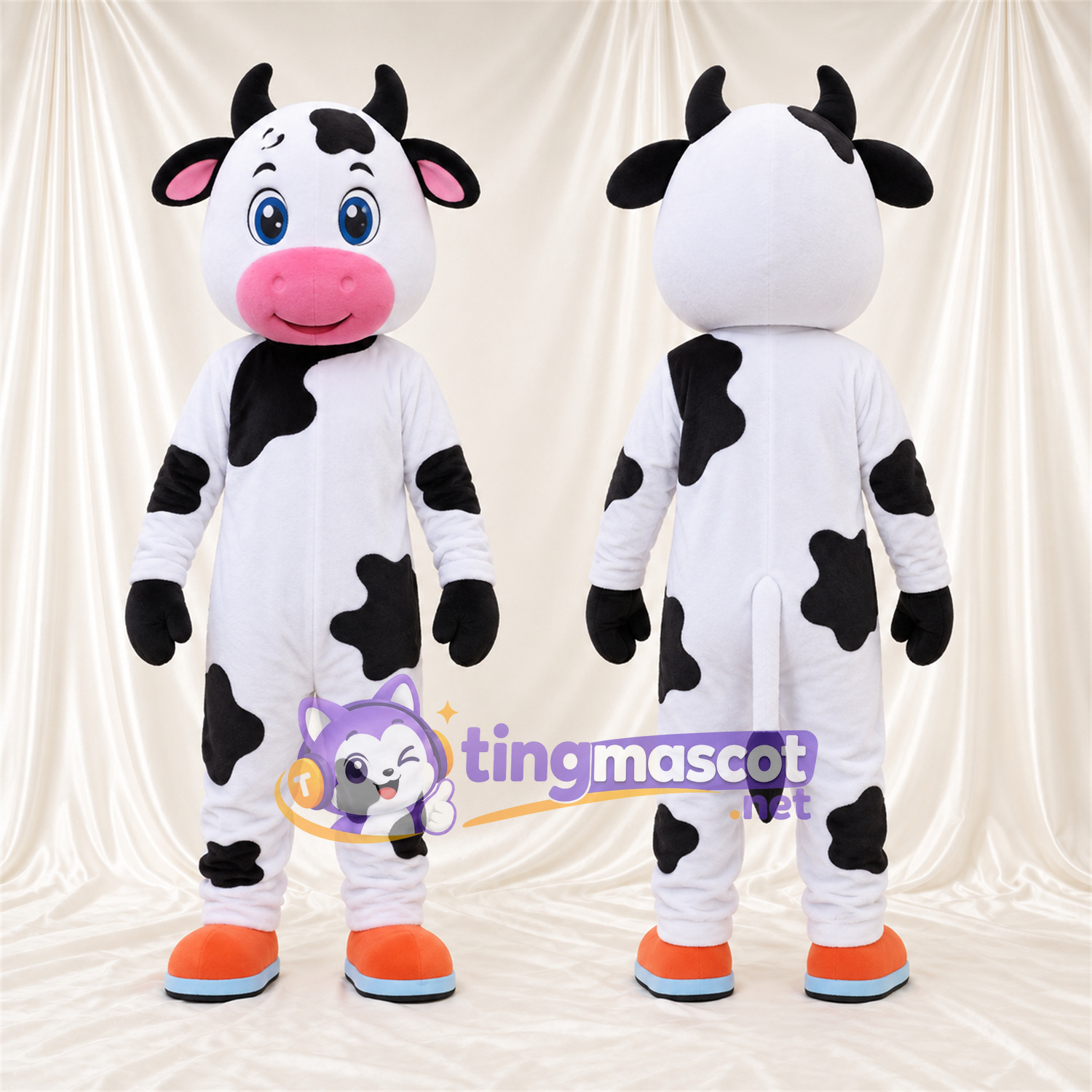 Black and White Cow Mascot Costume - Blue Eyes and Orange and Blue Shoes Black and White Cow Mascot Costume - Blue Eyes and Orange and Blue Shoes