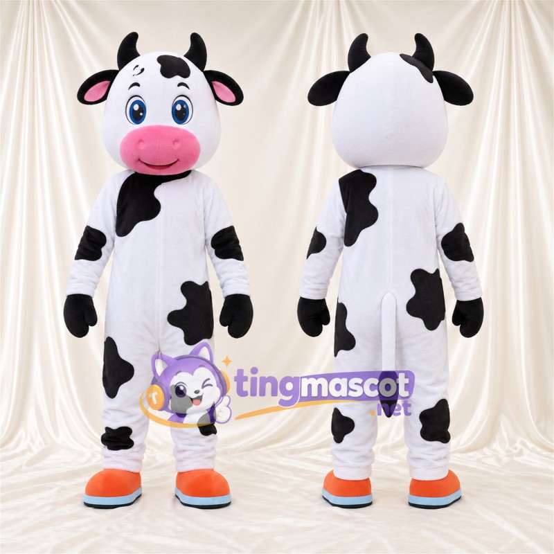 Black and White Cow Mascot Costume - Blue Eyes and Orange and Blue Shoes