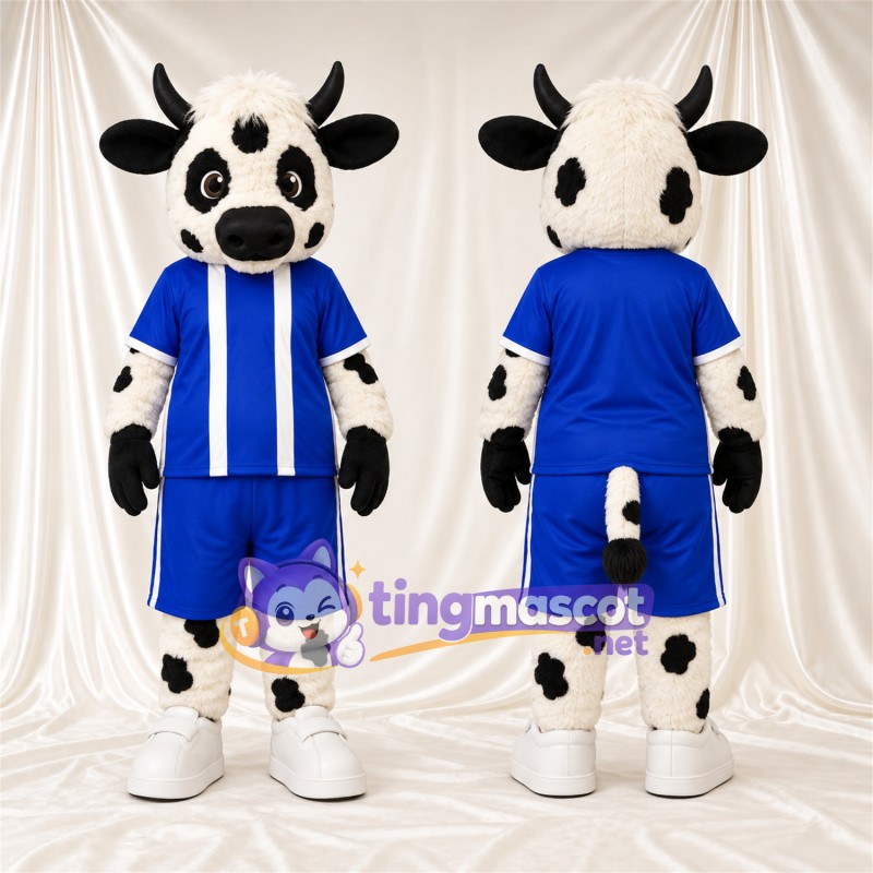 Black and White Cow Mascot Costume - Blue Sports Uniform