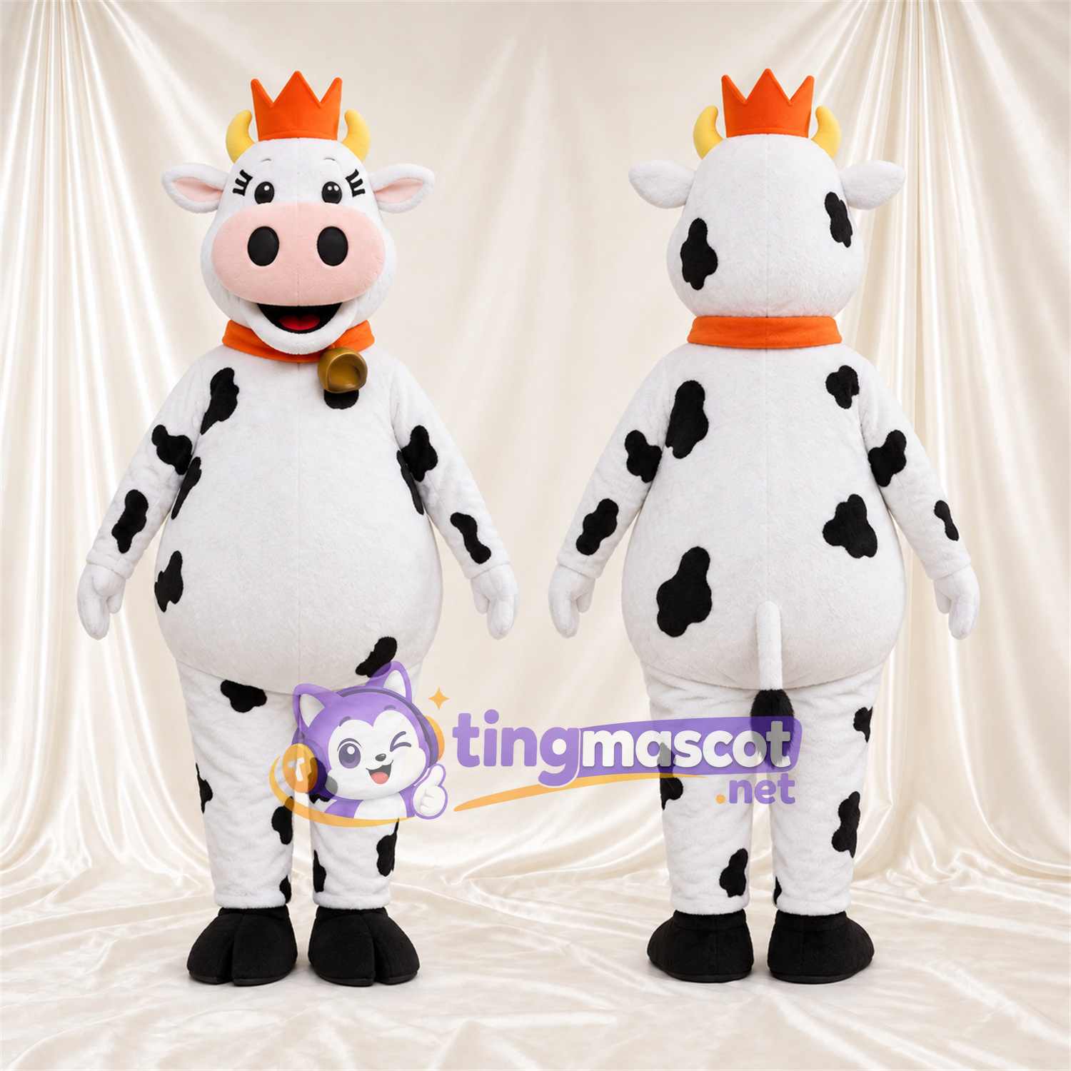 Black and White Cow Mascot Costume - Crown and Bell Collar, Round Belly and White Horns Black and White Cow Mascot Costume - Crown and Bell Collar, Round Belly and White Horns