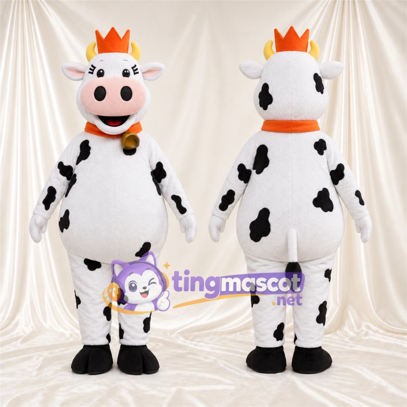 Black and White Cow Mascot Costume - Crown and Bell Collar, Round Belly and White Horns