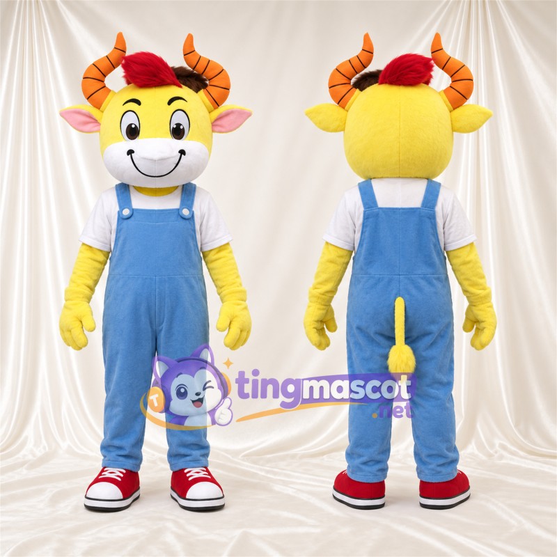 Costume de mascotte Bélier – jaune – Salopette (bleu)
