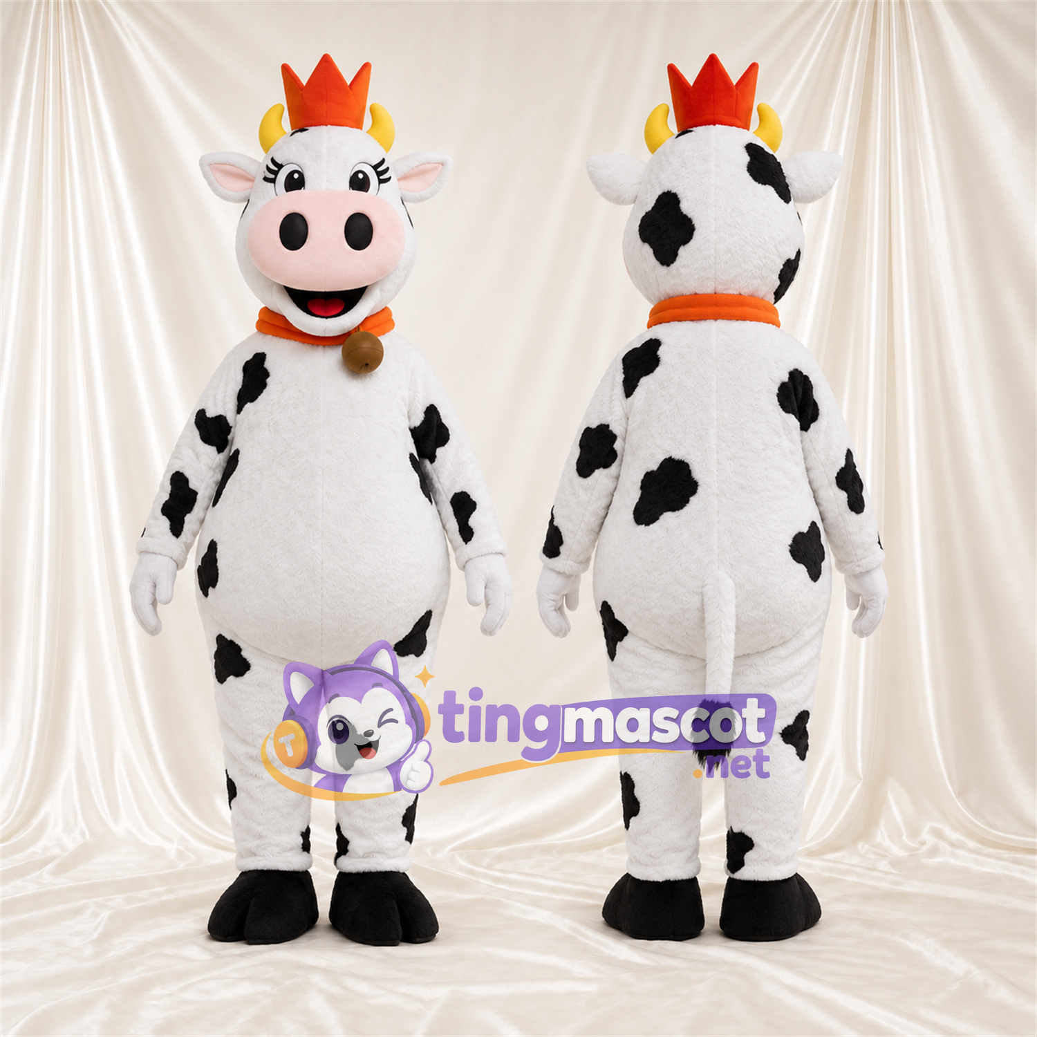 Black and White Cow Mascot Costume - Crown and Bell Collar, White Horns and Smiling Face Black and White Cow Mascot Costume - Crown and Bell Collar, White Horns and Smiling Face