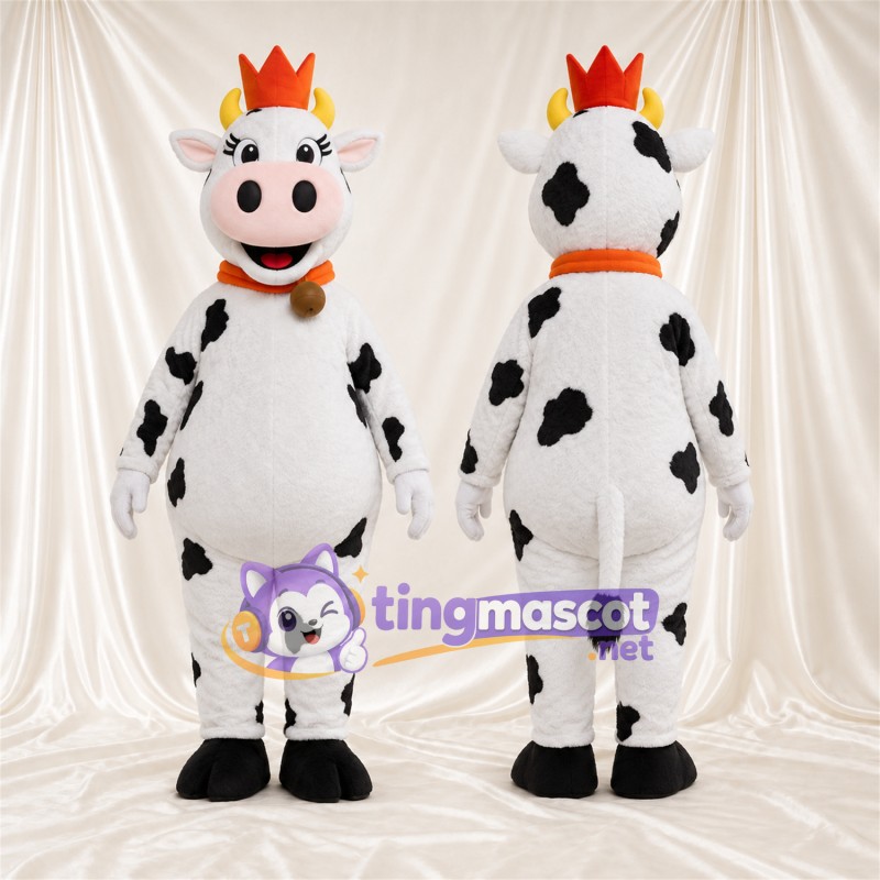 Black and White Cow Mascot Costume - Crown and Bell Collar, White Horns and Smiling Face