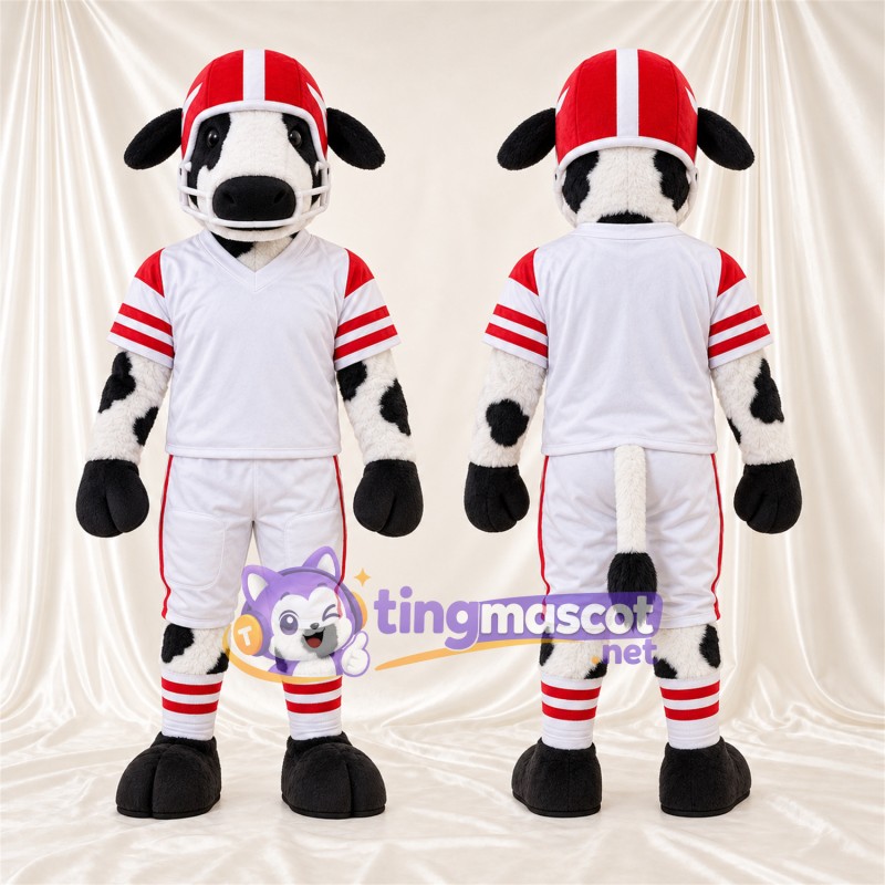 Black and White Cow Mascot Costume - White Football Uniform and Red Helmet, Black Floppy Ears and Black Hooves