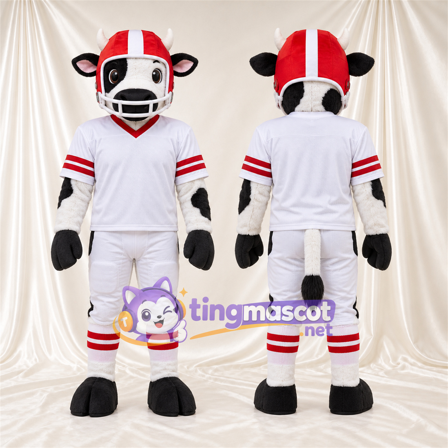 Black and White Cow Mascot Costume - White Football Uniform and Red Helmet, Pink Inner Ears and Black Hooves Black and White Cow Mascot Costume - White Football Uniform and Red Helmet, Pink Inner Ears and Black Hooves