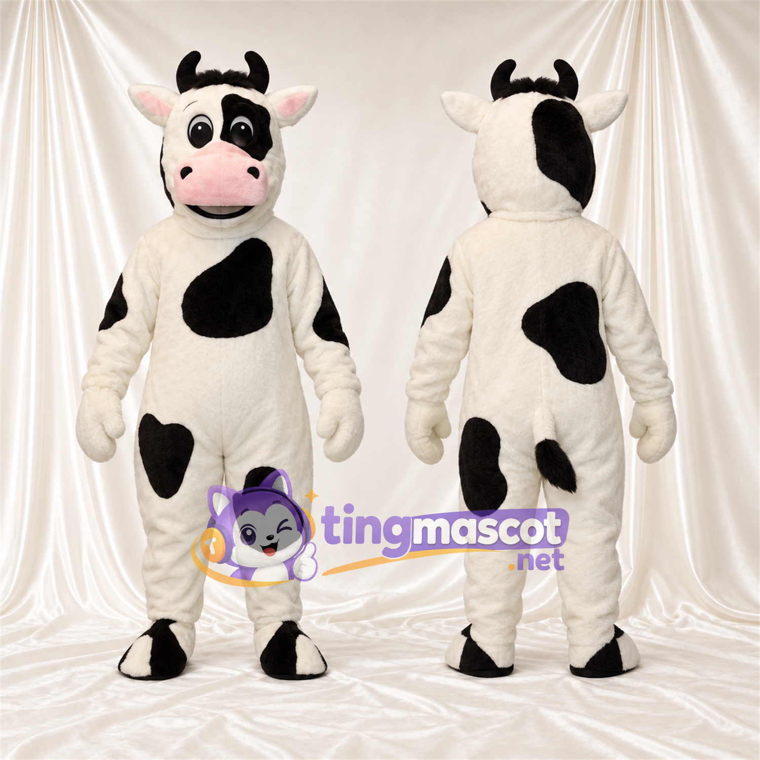 Black and White Cow Mascot Costume - Black Horns and Black Eye Patch Black and White Cow Mascot Costume - Black Horns and Black Eye Patch