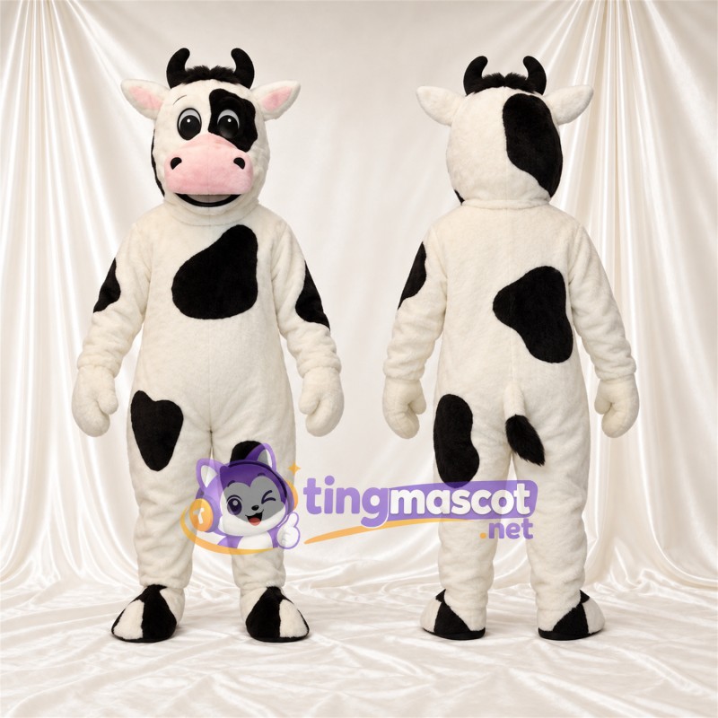 Black and White Cow Mascot Costume - Black Horns and Black Eye Patch
