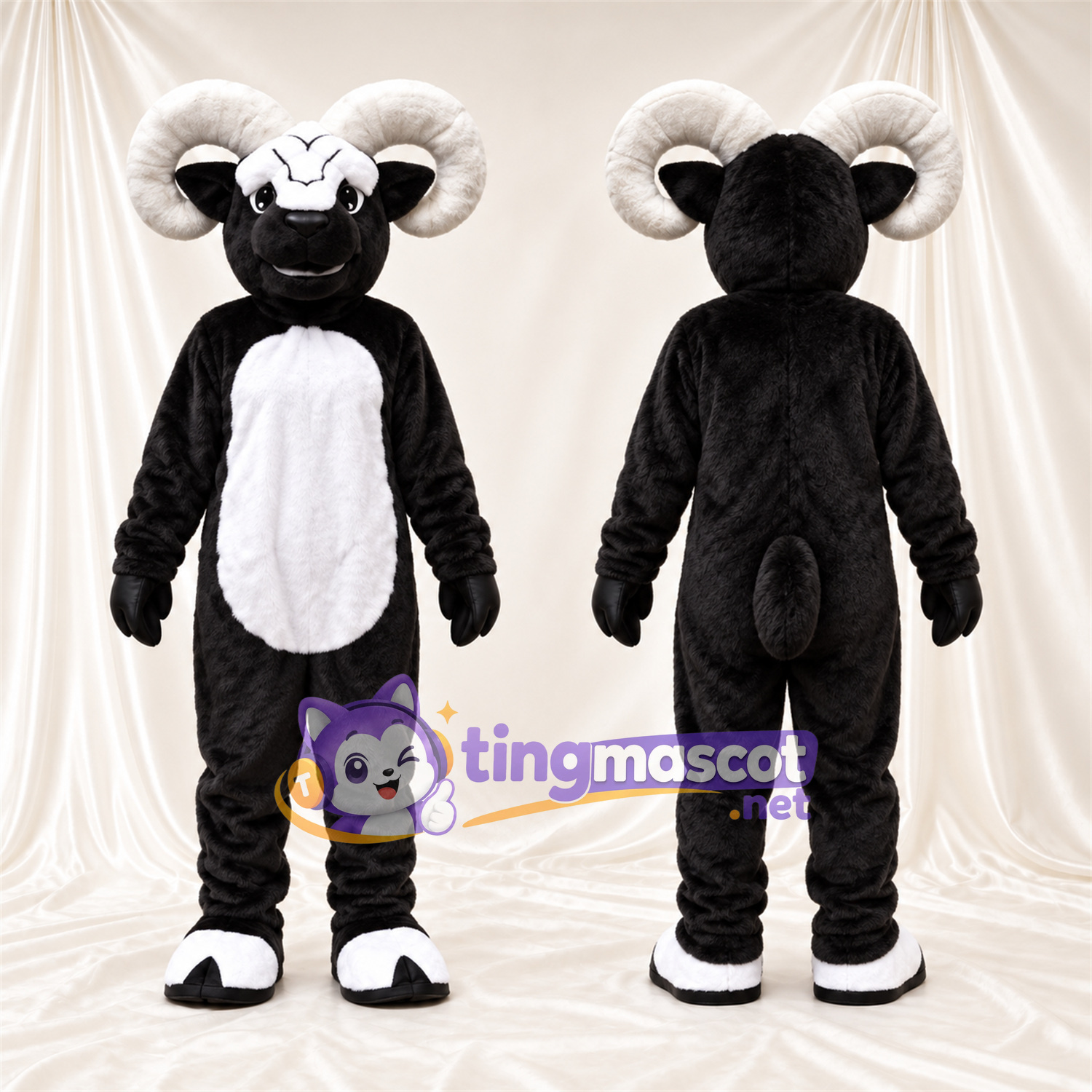 Black and White Ram Mascot Costume - White Belly and Curled White Horns Black and White Ram Mascot Costume - White Belly and Curled White Horns
