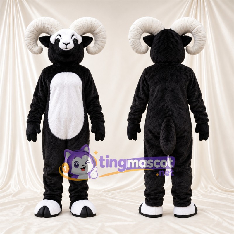 Black and White Ram Mascot Costume - White Belly and Curled White Horns