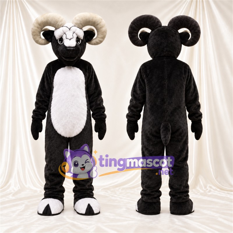 Black and White Ram Mascot Costume - White Belly and Curled Cream Horns