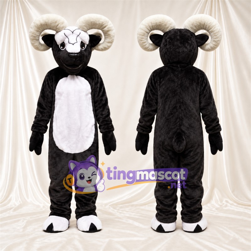 Black and White Ram Mascot Costume - White Belly and Curled Cream Horns