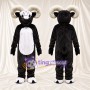 Black and White Ram Mascot Costume - White Belly and Curled Cream Horns