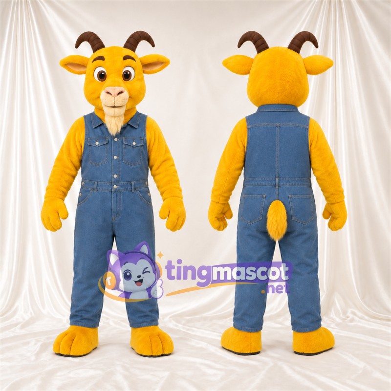 Costume de mascotte Chèvre – jaune – Salopette (bleu)