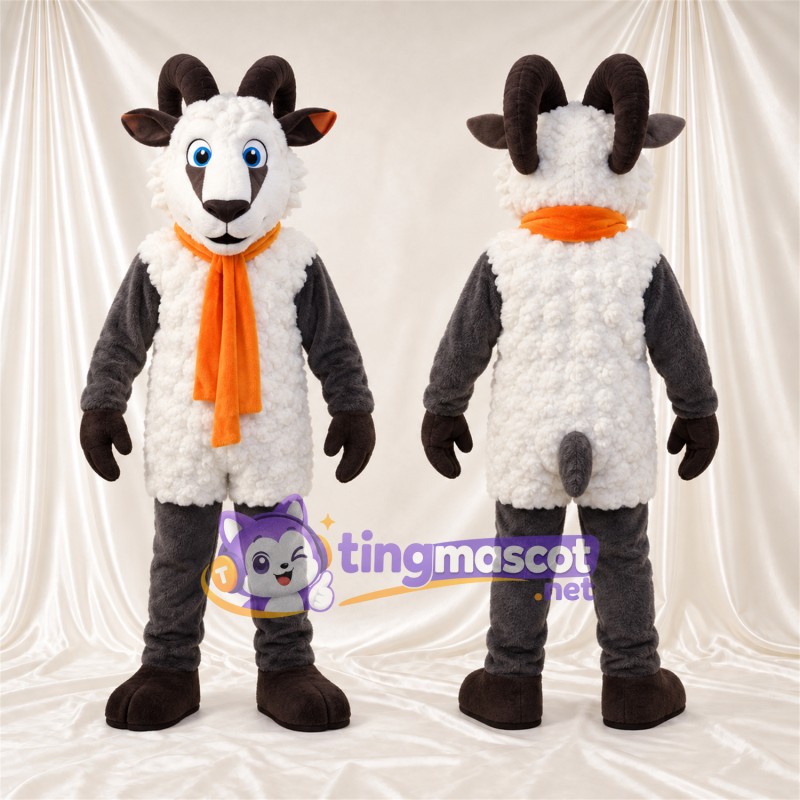 Black and White Goat Mascot Costume - Orange Scarf