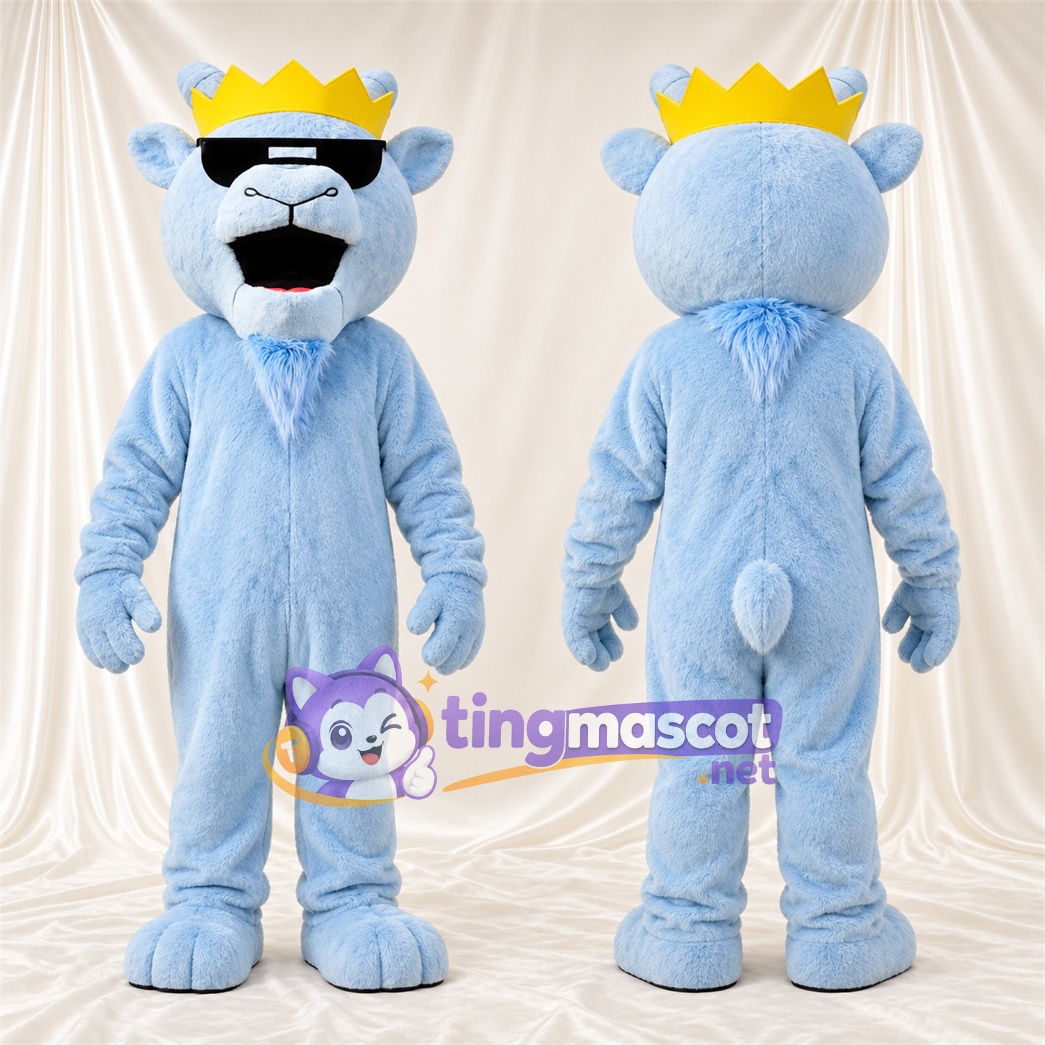 Maskottchenkostüm Bärenkönig – blau – Krone (goldfarben); Sonnenbrille Maskottchenkostüm Bärenkönig – blau – Krone (goldfarben); Sonnenbrille