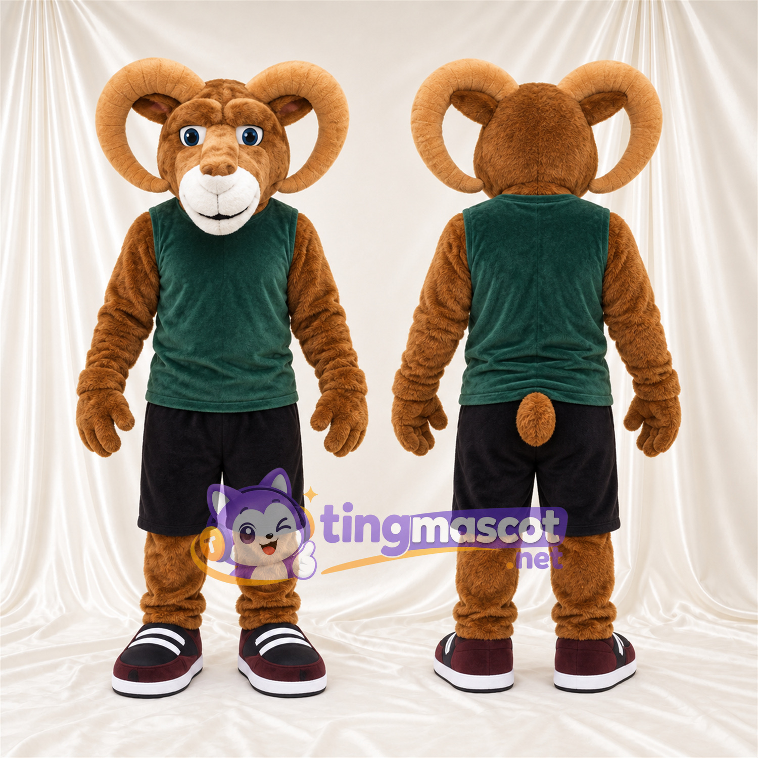 Costume de mascotte Bélier – marron – Débardeur (vert); Short (noir) Costume de mascotte Bélier – marron – Débardeur (vert); Short (noir)