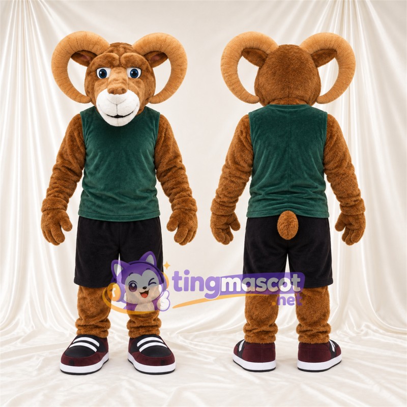 Costume de mascotte Bélier – marron – Débardeur (vert); Short (noir)